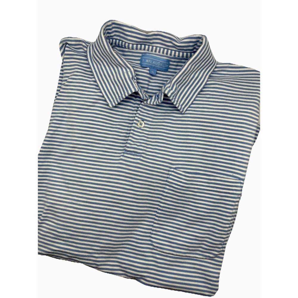 J. McLaughlin Mens XL Polo Shirt Blue White Striped Short Sleeve Pocket Jersey